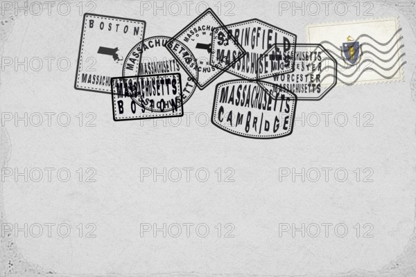 Massachusetts Vintage Postcard with Flag Stamp and City Postmarks