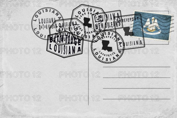 Louisiana Vintage Postcard with Flag Stamp and City Postmarks