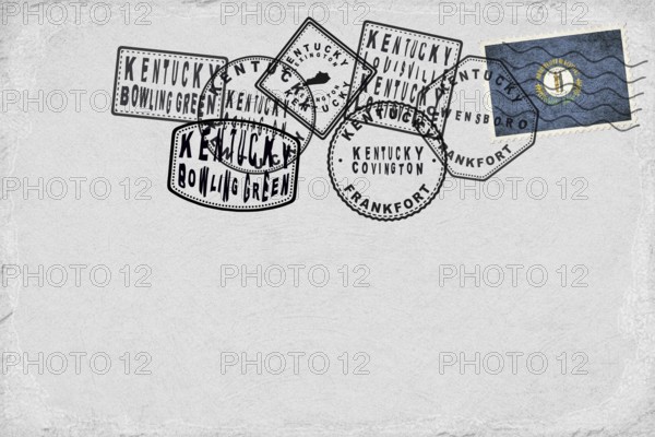Kentucky Vintage Postcard with Flag Stamp and City Postmarks