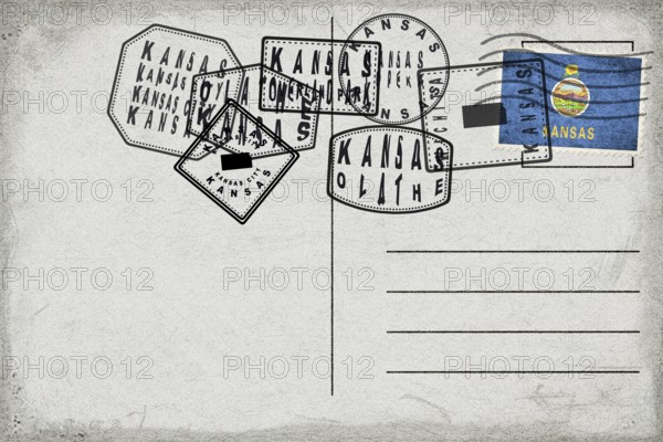 Kansas Vintage Postcard with Flag Stamp and City Postmarks