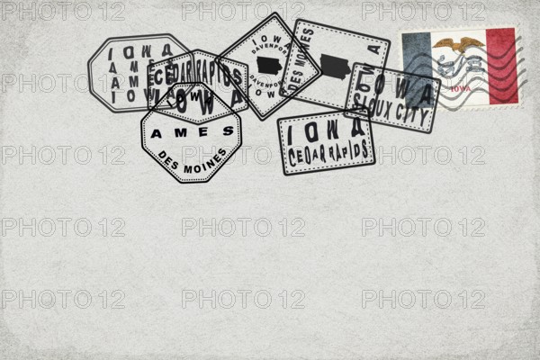 Iowa Vintage Postcard with Flag Stamp and City Postmarks