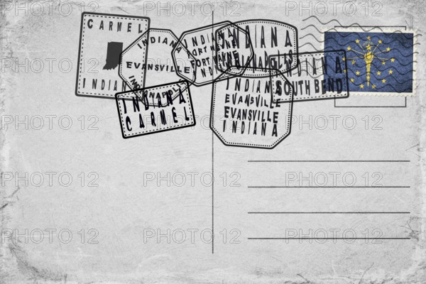 Indiana Vintage Postcard with Flag Stamp and City Postmarks