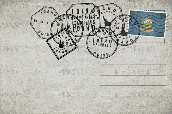Idaho Vintage Postcard with Flag Stamp and City Postmarks