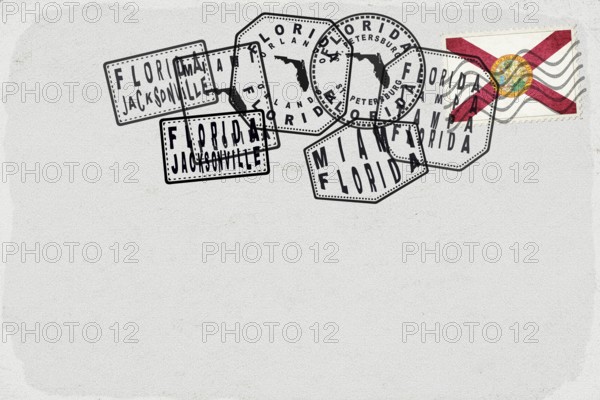 Florida Vintage Postcard with Flag Stamp and City Postmarks