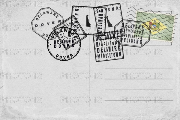 Delaware Vintage Postcard with Flag Stamp and City Postmarks