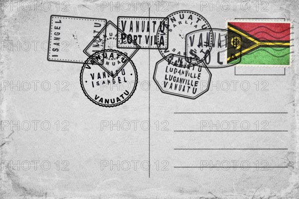 Vanuatu Vintage Postcard with Flag Stamp and City Postmarks