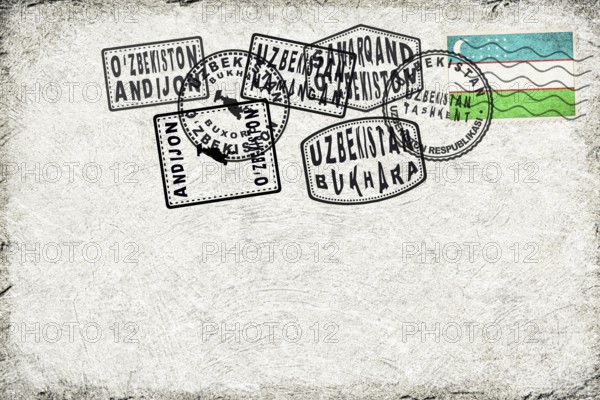 Uzbekistan Vintage Postcard with Flag Stamp and City Postmarks