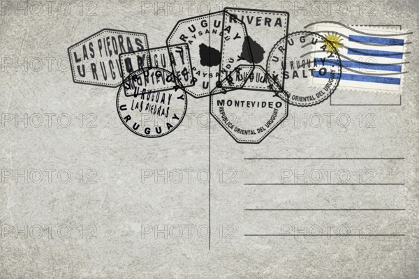 Uruguay Vintage Postcard with Flag Stamp and City Postmarks