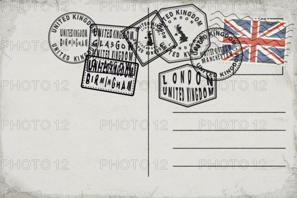United Kingdom Vintage Postcard with Flag Stamp and City Postmarks