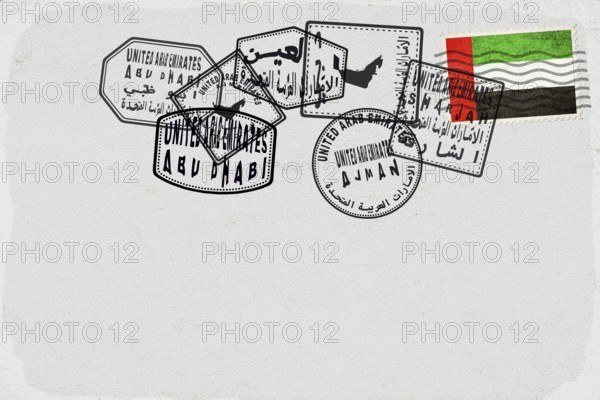 United Arab Emirates Vintage Postcard with Flag Stamp and City Postmarks