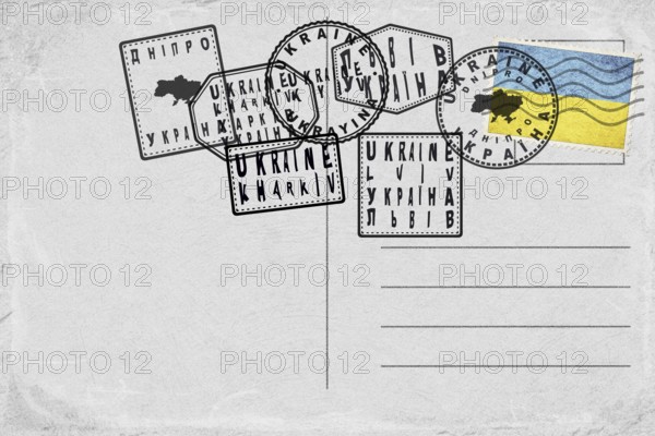 Ukraine Vintage Postcard with Flag Stamp and City Postmarks