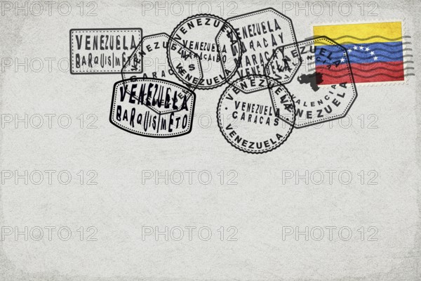 Venezuela Vintage Postcard with Flag Stamp and City Postmarks