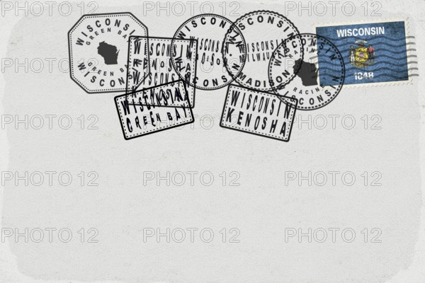 Wisconsin Vintage Postcard with Flag Stamp and City Postmarks