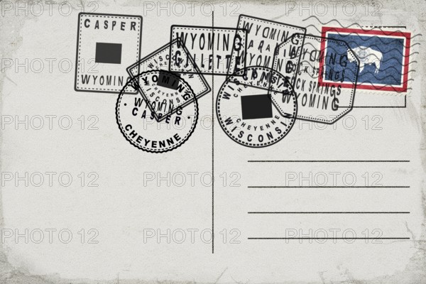 Wyoming Vintage Postcard with Flag Stamp and City Postmarks