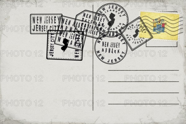 New Jersey Vintage Postcard with Flag Stamp and City Postmarks
