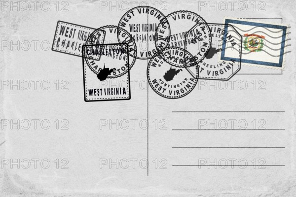 West Virginia Vintage Postcard with Flag Stamp and City Postmarks