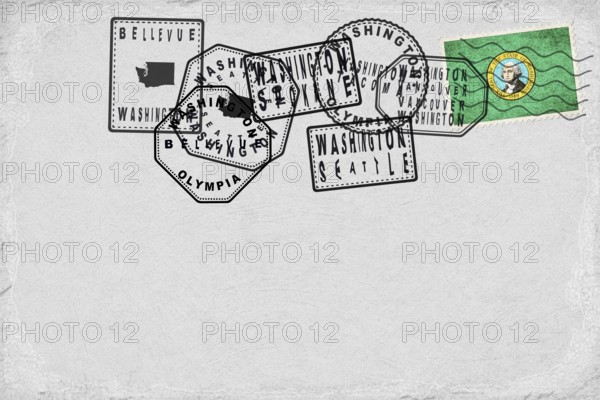 Washington Vintage Postcard with Flag Stamp and City Postmarks