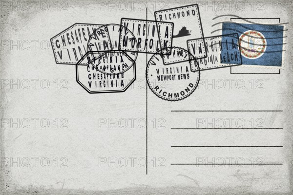 Virginia Vintage Postcard with Flag Stamp and City Postmarks