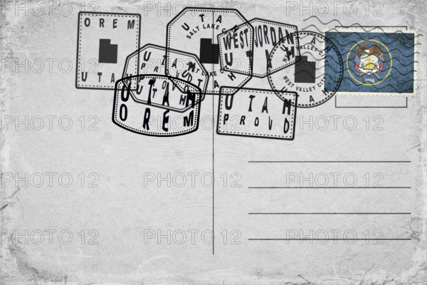 Utah Vintage Postcard with Flag Stamp and City Postmarks