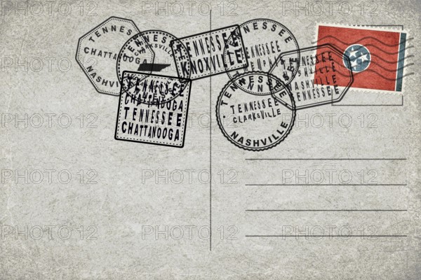 Tennessee Vintage Postcard with Flag Stamp and City Postmarks