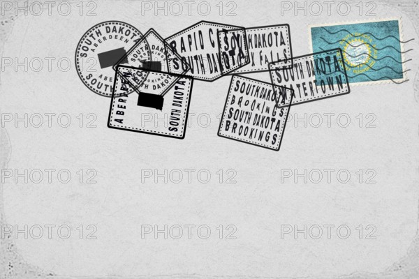 South Dakota Vintage Postcard with Flag Stamp and City Postmarks