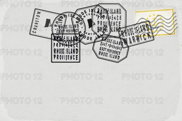 Rhode Island Vintage Postcard with Flag Stamp and City Postmarks