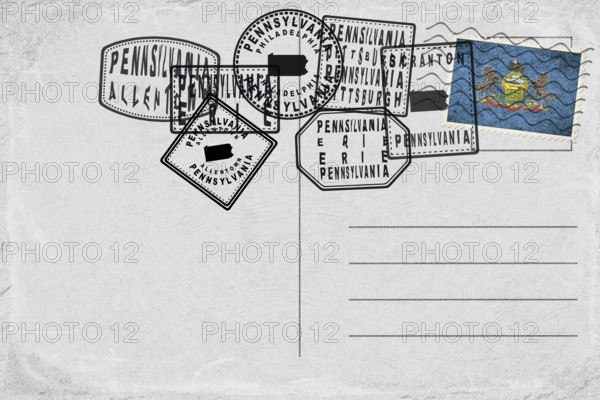Pennsylvania Vintage Postcard with Flag Stamp and City Postmarks