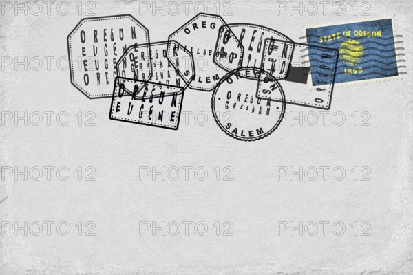 Oregon Vintage Postcard with Flag Stamp and City Postmarks