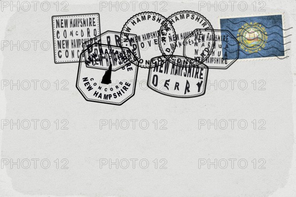 New Hampshire Vintage Postcard with Flag Stamp and City Postmarks