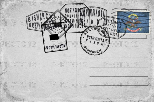 North Dakota Vintage Postcard with Flag Stamp and City Postmarks
