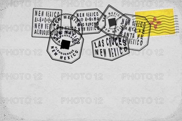 New Mexico Vintage Postcard with Flag Stamp and City Postmarks
