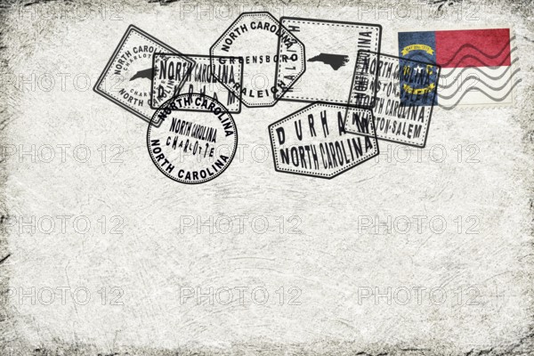 North Carolina Vintage Postcard with Flag Stamp and City Postmarks