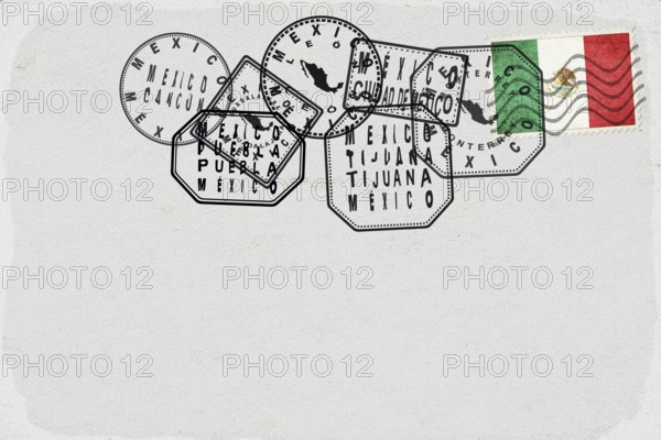 Mexico Vintage Postcard with Flag Stamp and City Postmarks