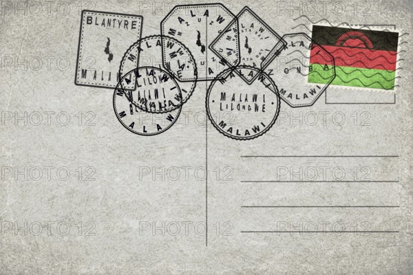 Malawi Vintage Postcard with Flag Stamp and City Postmarks
