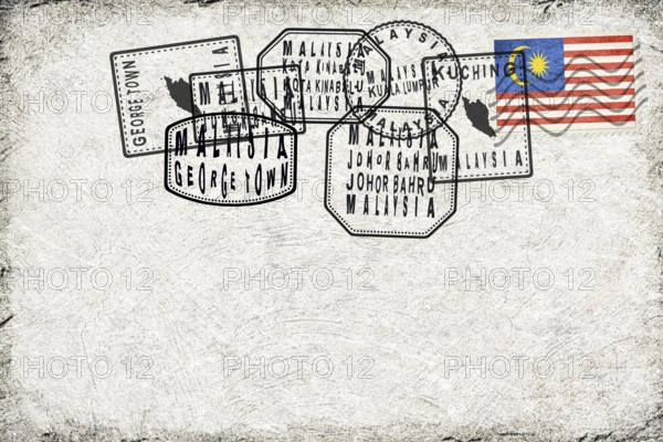 Malaysia Vintage Postcard with Flag Stamp and City Postmarks