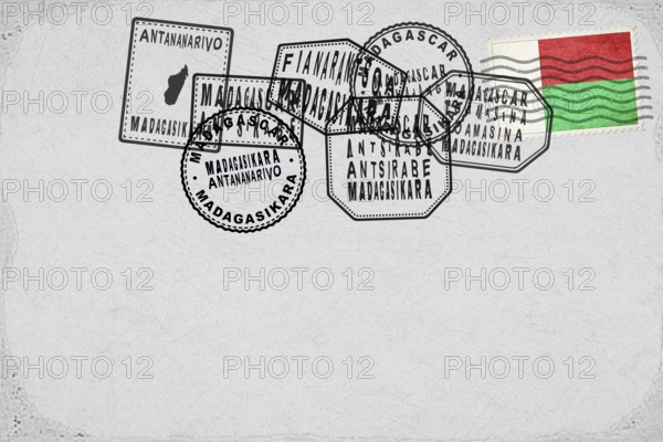 Madagascar Vintage Postcard with Flag Stamp and City Postmarks