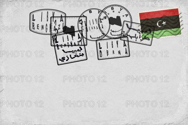 Libya Vintage Postcard with Flag Stamp and City Postmarks
