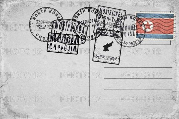North Korea Vintage Postcard with Flag Stamp and City Postmarks