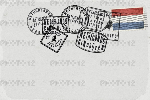 Netherlands Vintage Postcard with Flag Stamp and City Postmarks