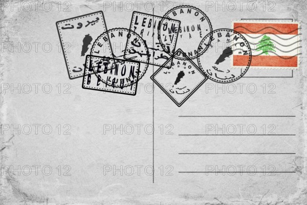 Lebanon Vintage Postcard with Flag Stamp and City Postmarks