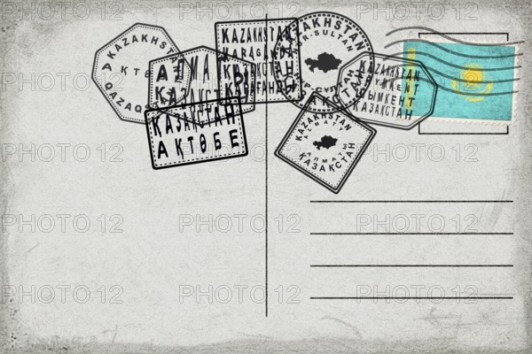 Kazakhstan Vintage Postcard with Flag Stamp and City Postmarks