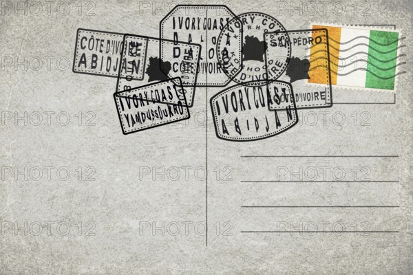 Ivory Coast Vintage Postcard with Flag Stamp and City Postmarks