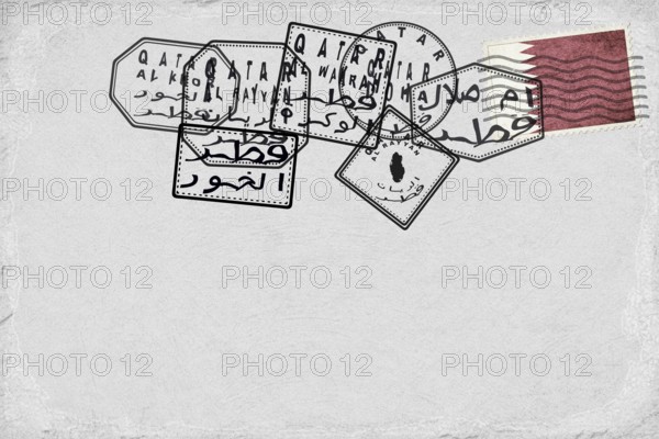 Qatar Vintage Postcard with Flag Stamp and City Postmarks