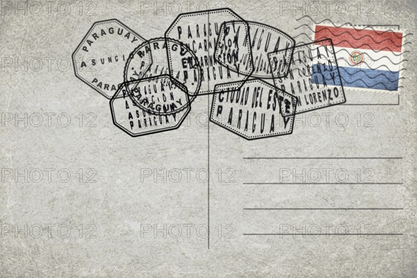 Paraguay Vintage Postcard with Flag Stamp and City Postmarks