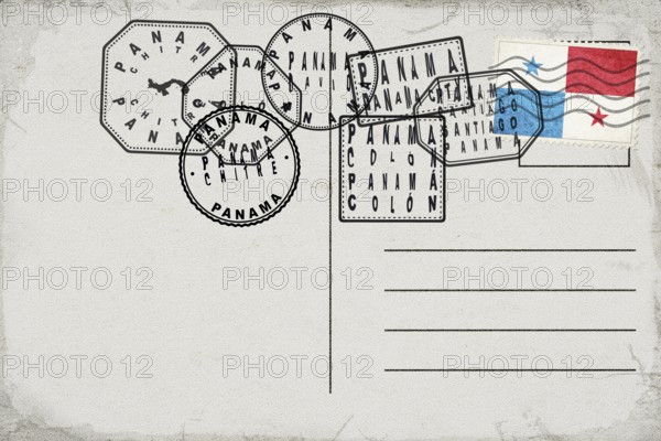 Panama Vintage Postcard with Flag Stamp and City Postmarks