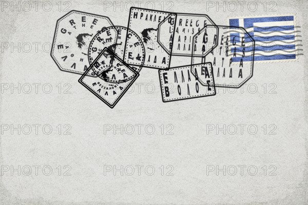 Greece Vintage Postcard with Flag Stamp and City Postmarks
