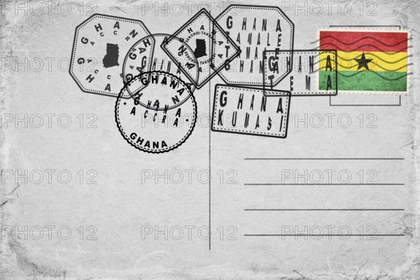 Ghana Vintage Postcard with Flag Stamp and City Postmarks