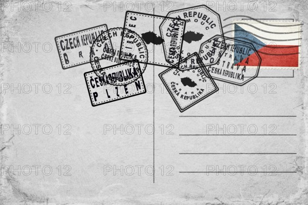 Czech Republic Vintage Postcard with Flag Stamp and City Postmarks