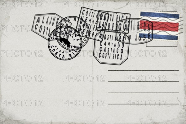 Costa Rica Vintage Postcard with Flag Stamp and City Postmarks