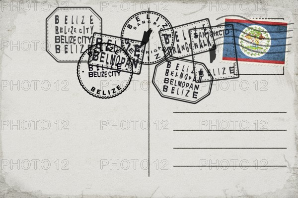 Belize Vintage Postcard with Flag Stamp and City Postmarks